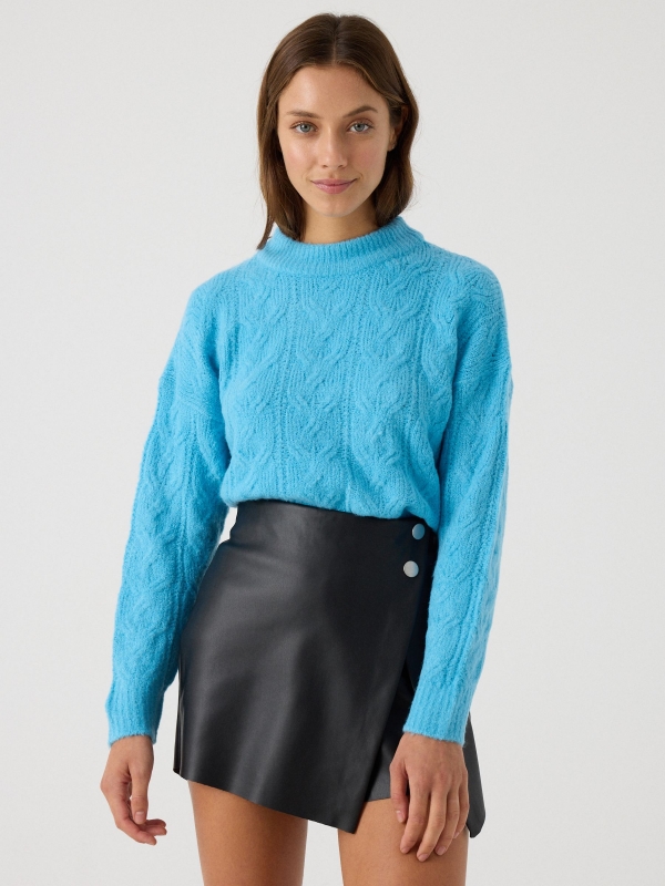 Knitted sweater round neck turquoise middle front view