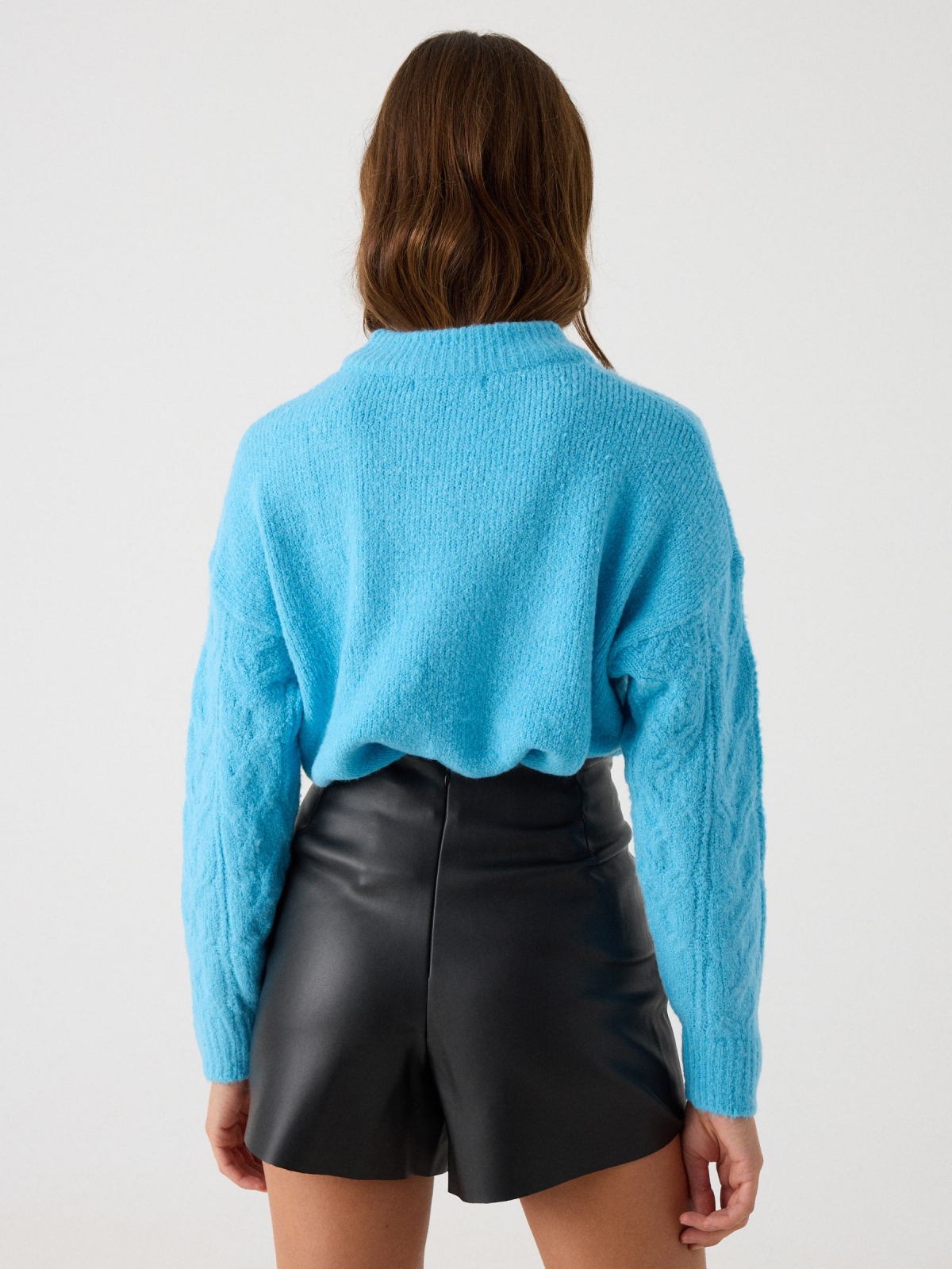 Knitted sweater round neck turquoise middle back view