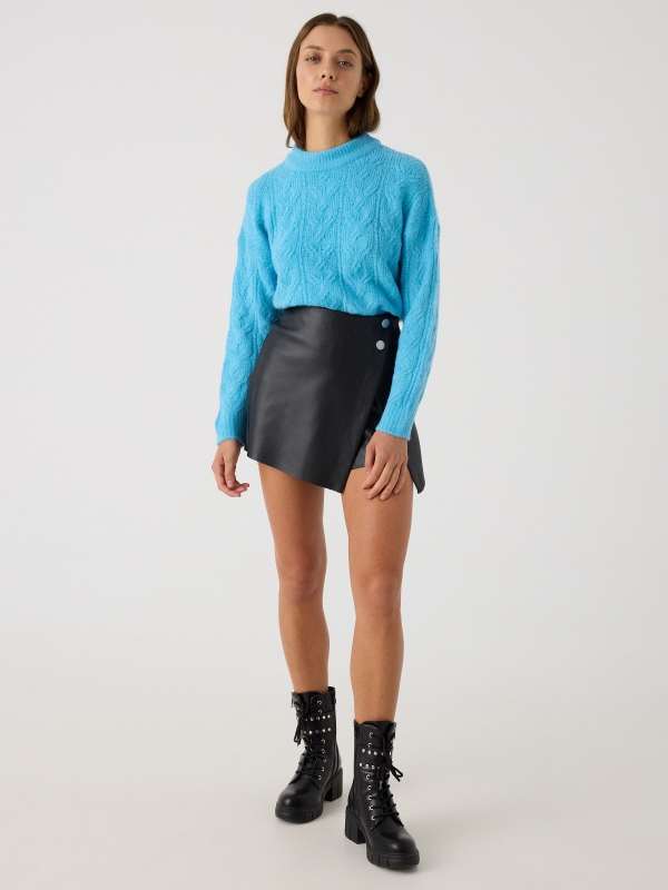 Knitted sweater round neck turquoise front view