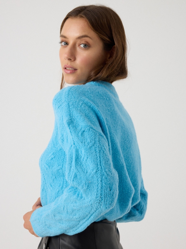 Knitted sweater round neck turquoise detail view