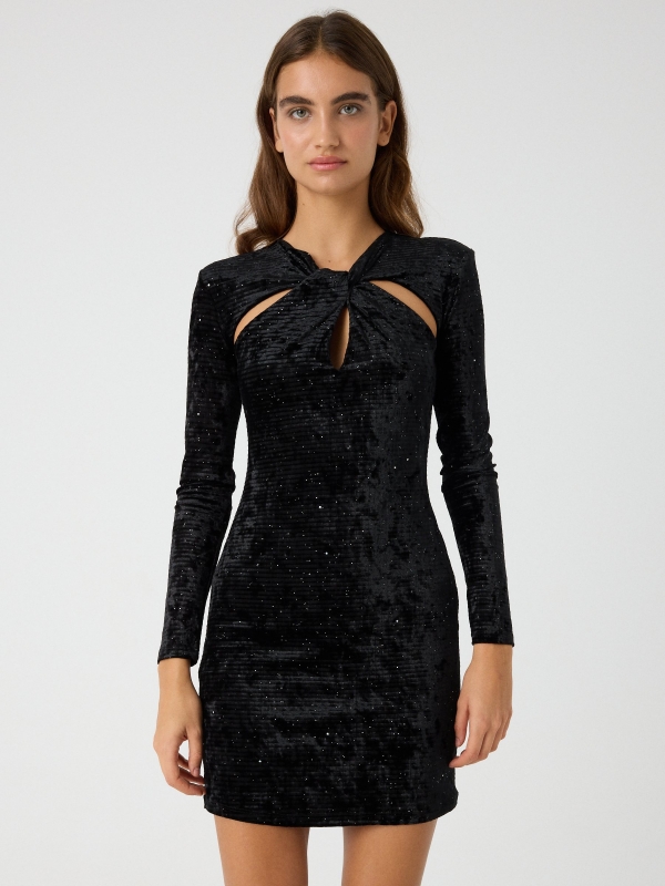 Shiny cut out velvet dress black middle front view