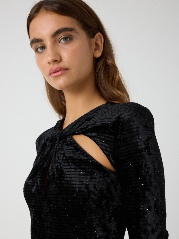 Shiny cut out velvet dress black detail view