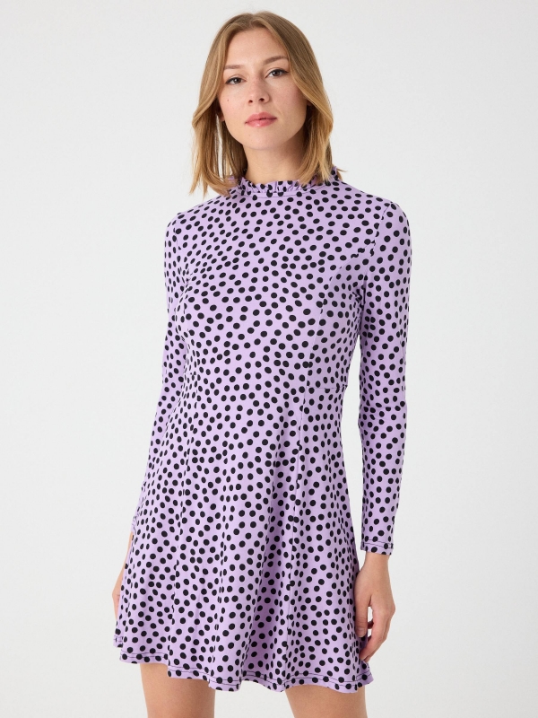 Perkins neck polka dot print dress lilac middle front view