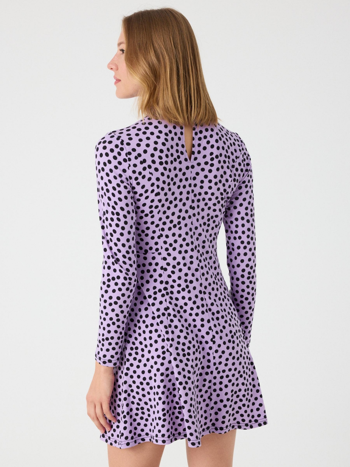 Perkins neck polka dot print dress lilac middle back view