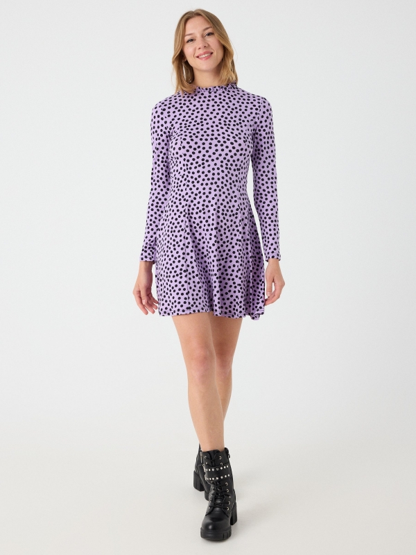 Perkins neck polka dot print dress lilac front view