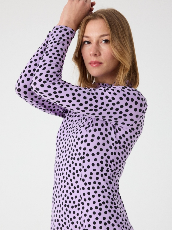 Perkins neck polka dot print dress lilac detail view