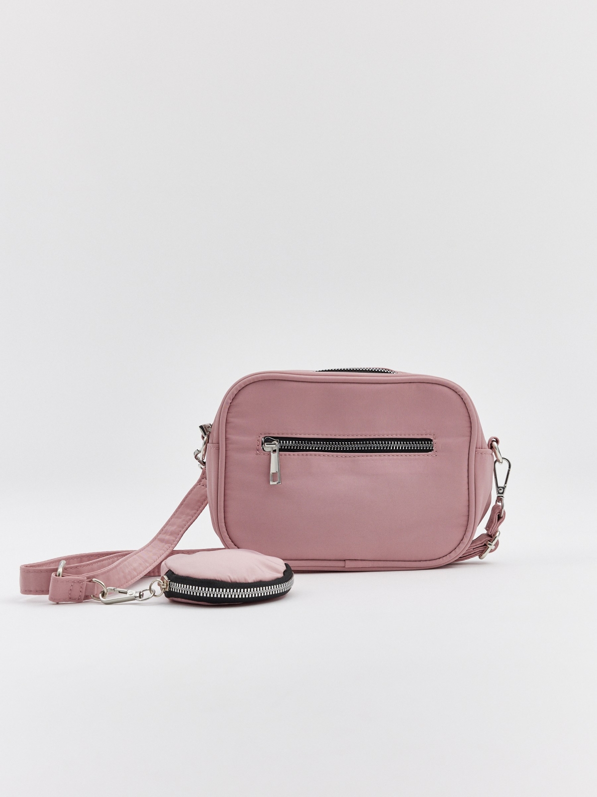 Bolsa de nylon com porta moedas rosa vista lateral 45º