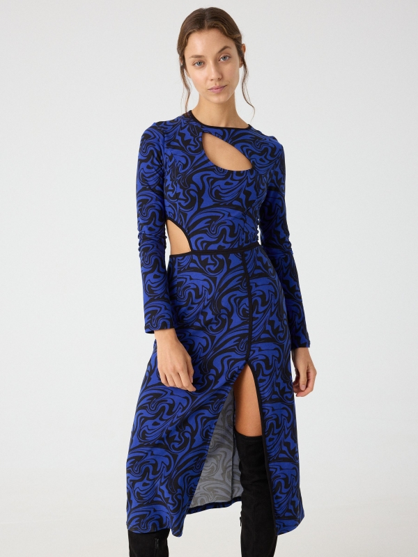 Vestido midi cut out print psicodélico azul oscuro vista media frontal