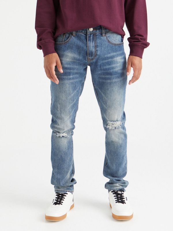 Ripped slim jeans blue middle front view