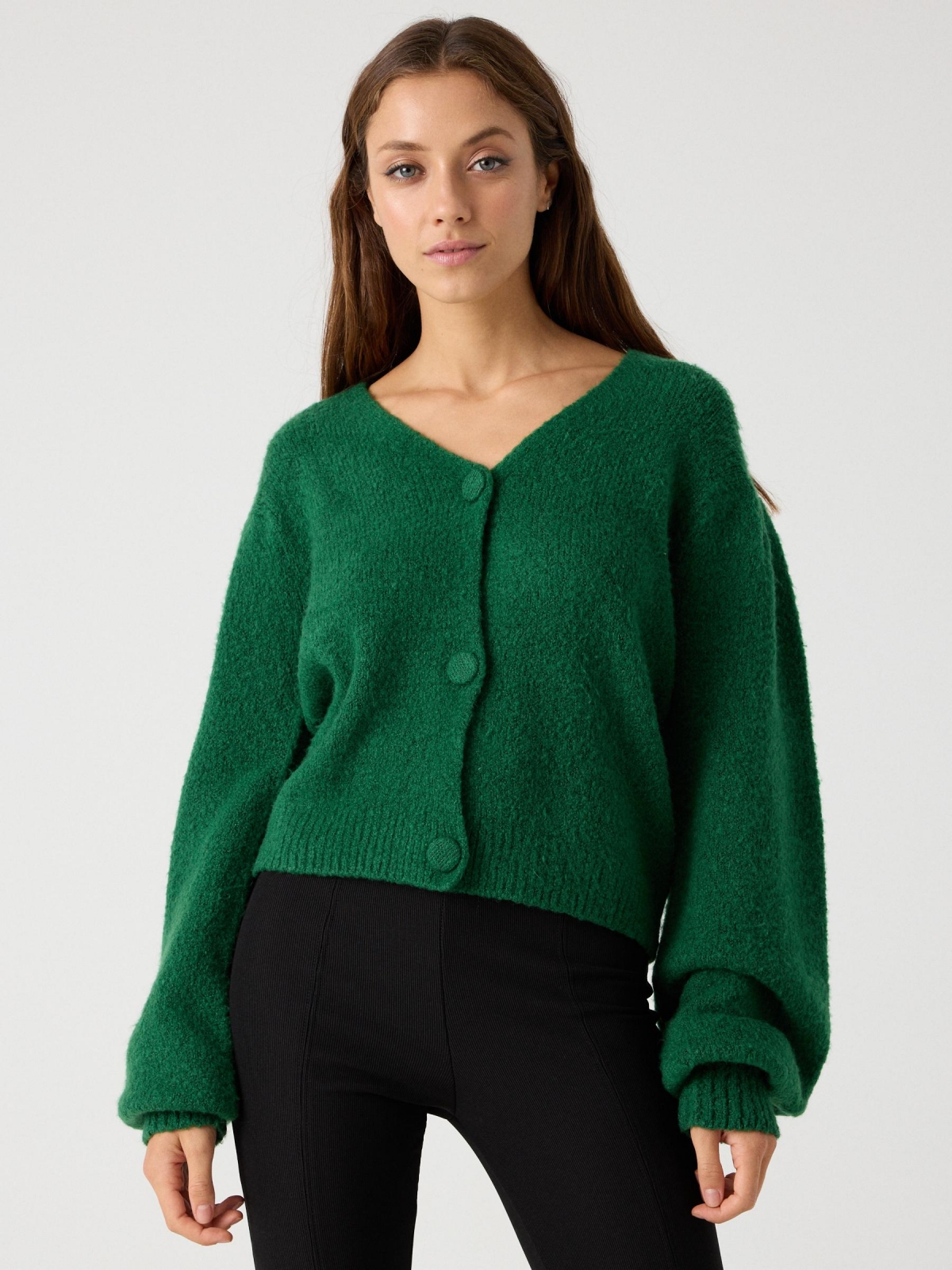 Puffed sleeve cardigan green middle front view