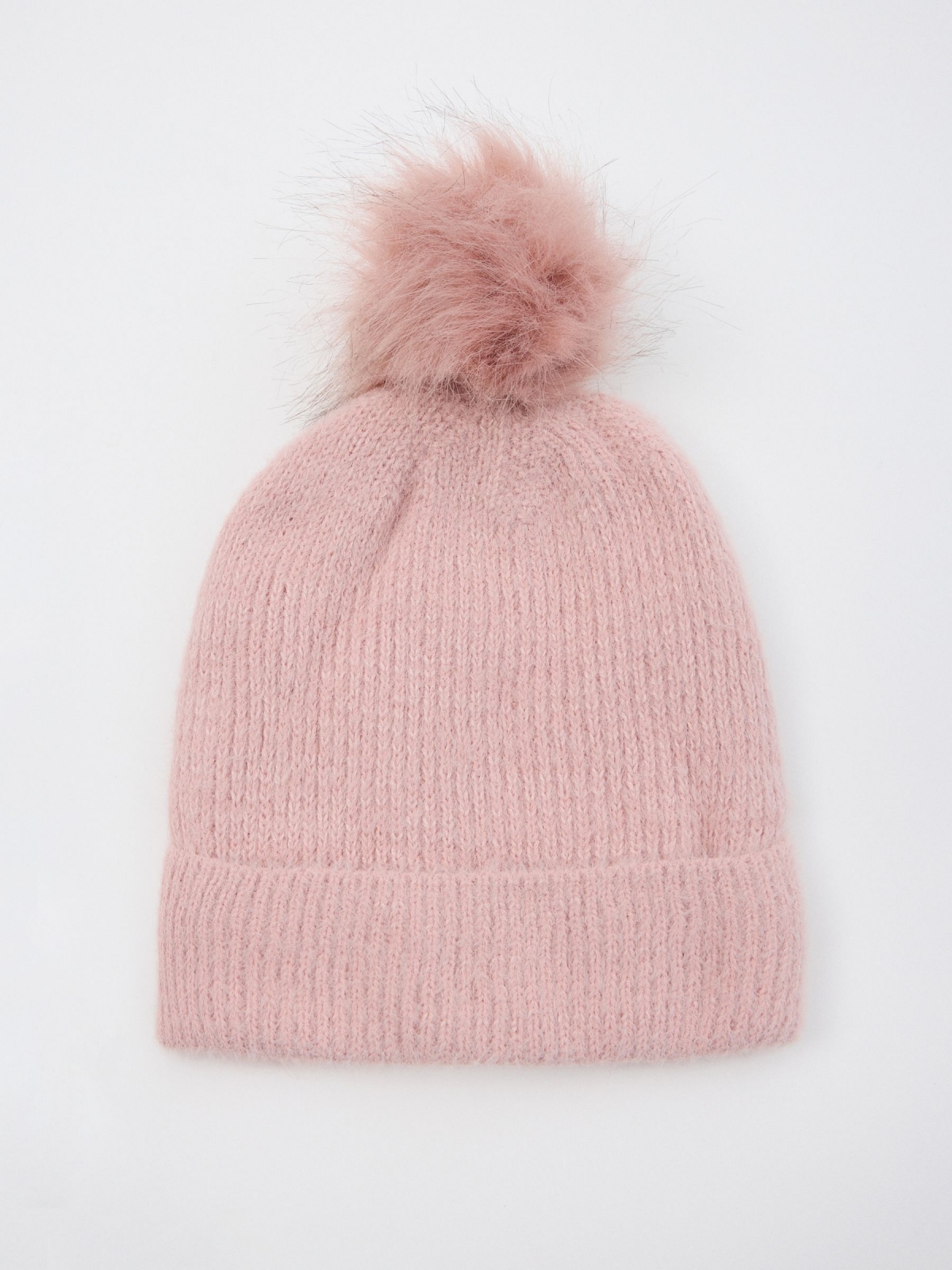 Gorro canalé rosa con pompón rosa