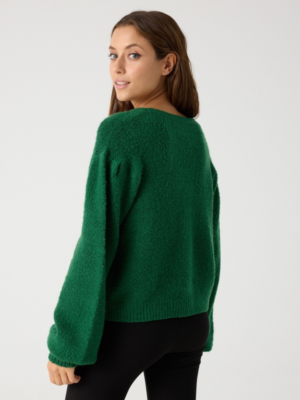 Puffed sleeve cardigan green middle back view