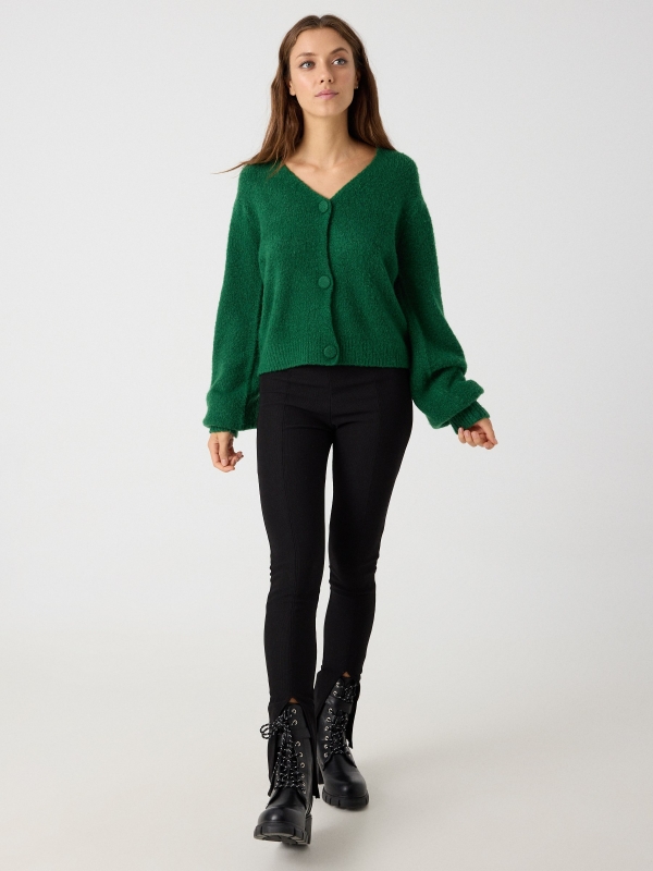 Puffed sleeve cardigan green front view