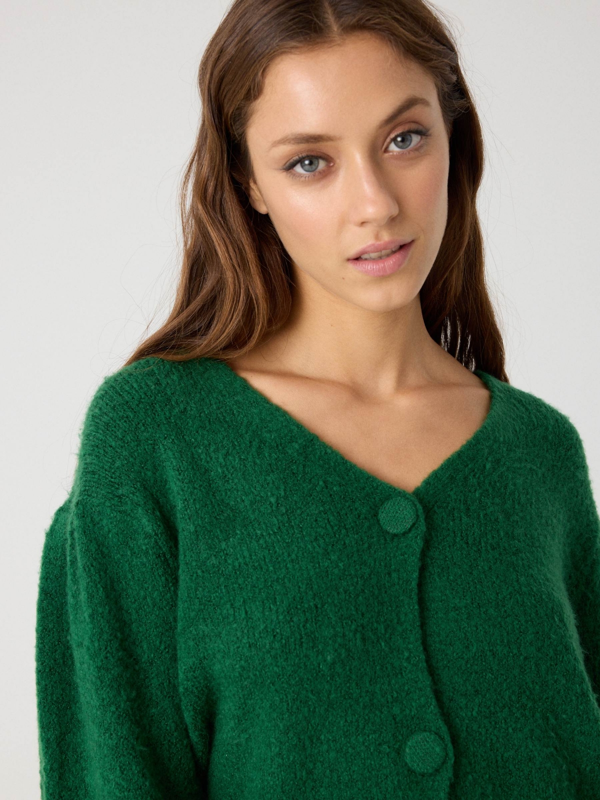 Puffed sleeve cardigan green detail view