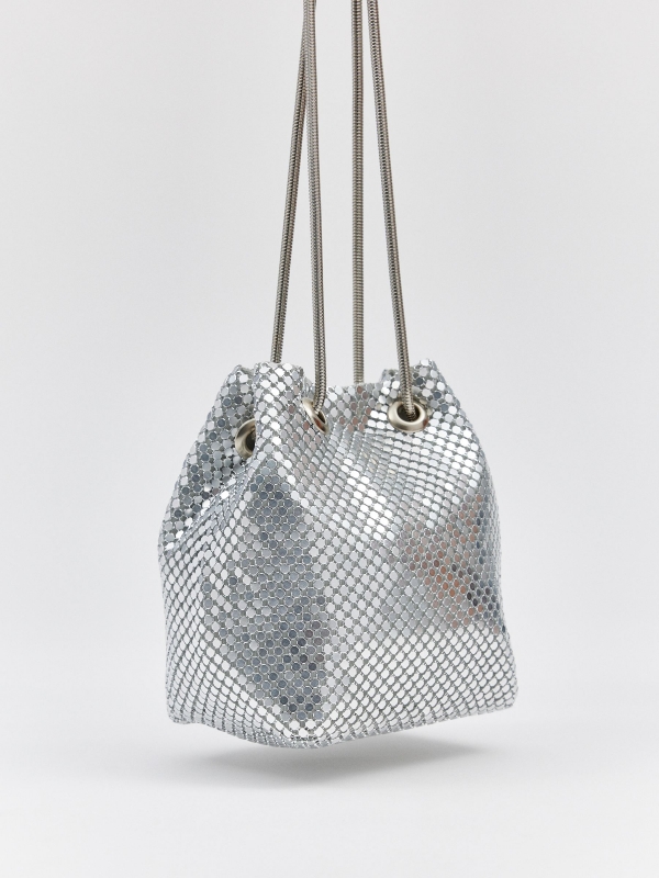 Metallic bucket bag silver 45º side view