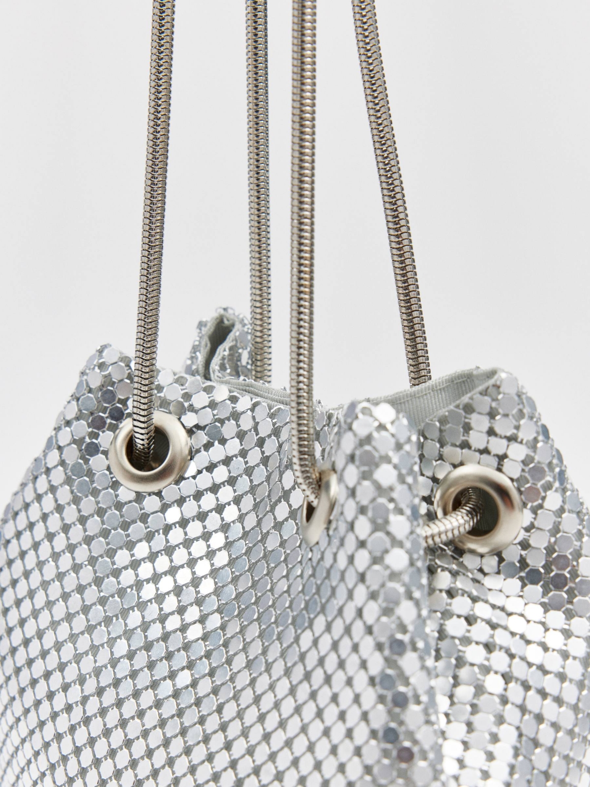 Metallic bucket bag silver detail view