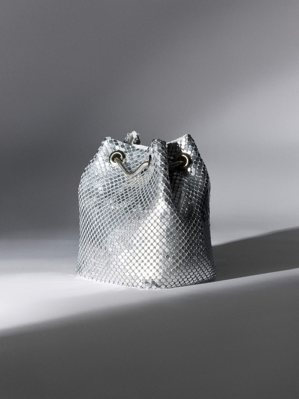 Metallic bucket bag silver detail view