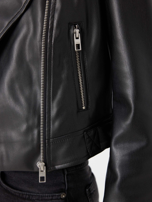 Faux leather biker jacket with pockets black detail view