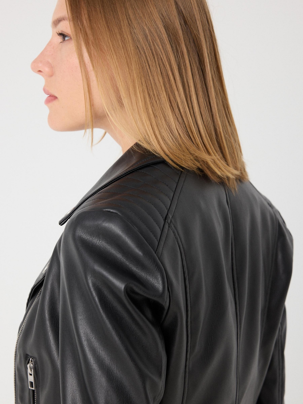 Faux leather biker jacket with pockets black detail view