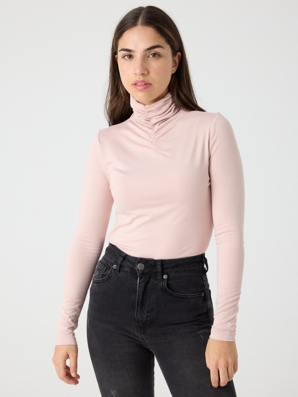 Pink turtleneck t-shirt light pink middle front view