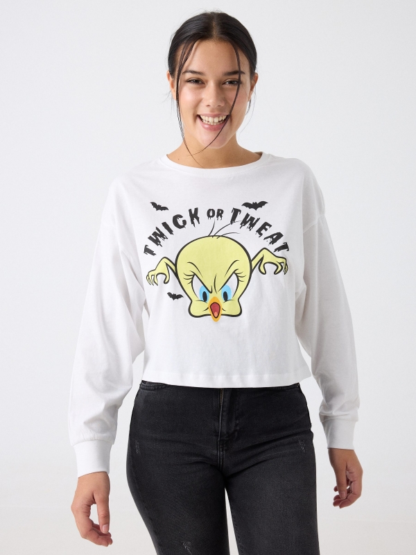 Tweety t-shirt com estampa de Halloween branco vista meia frontal