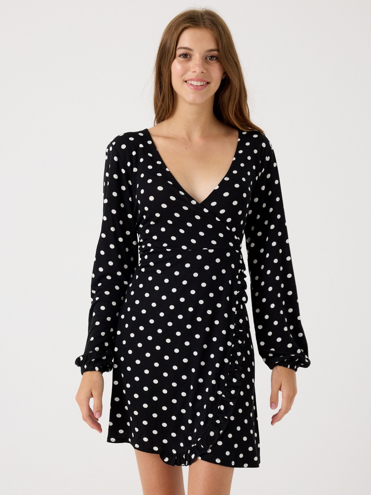 Polka dot print V-neck dress black middle front view