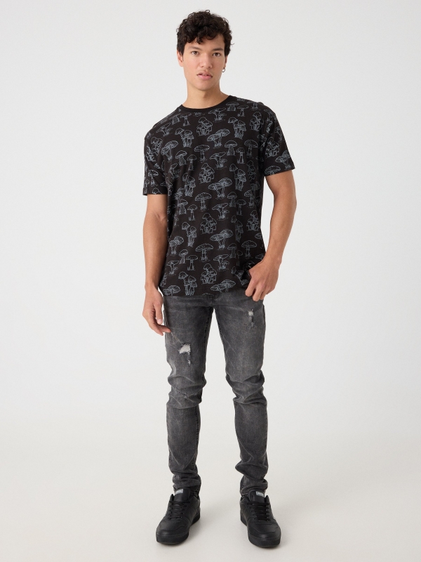 Mushroom print t-shirt black front view