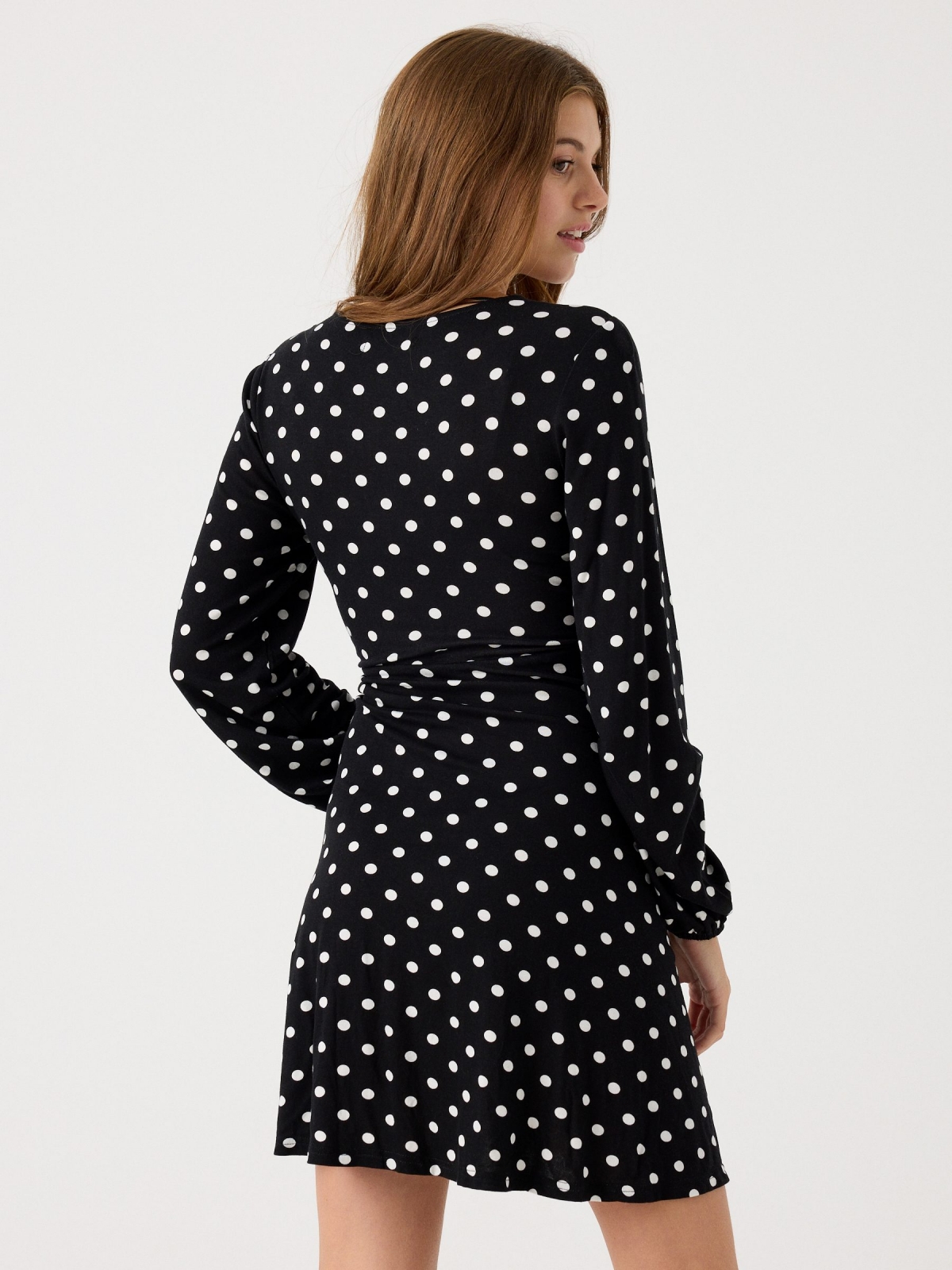 Polka dot print V-neck dress black middle back view