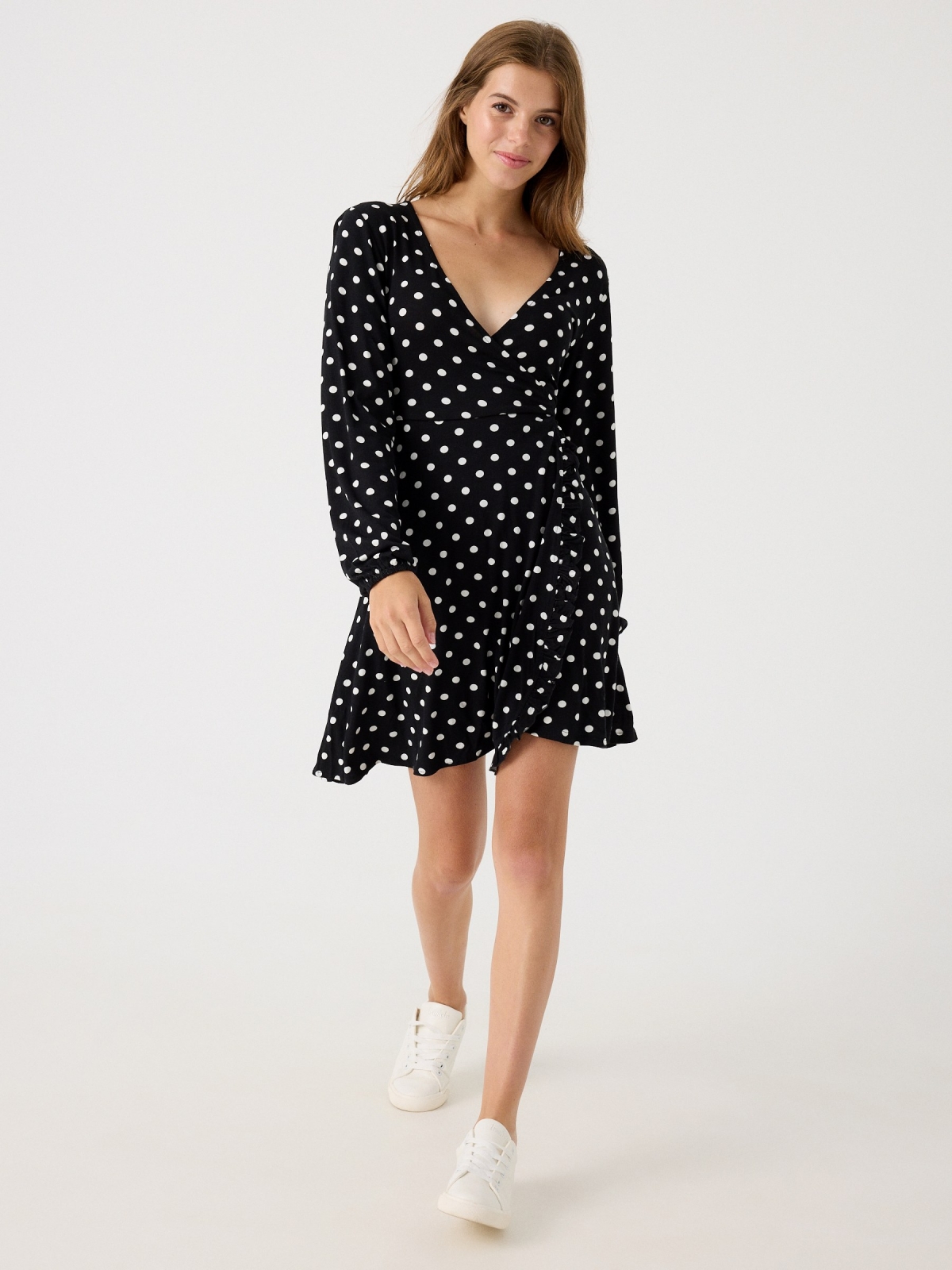 Polka dot print V-neck dress black front view