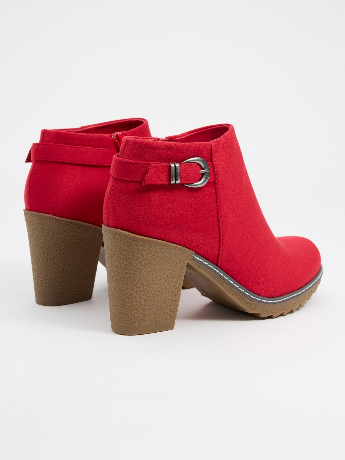 Buckle heel bootie red 45º back view