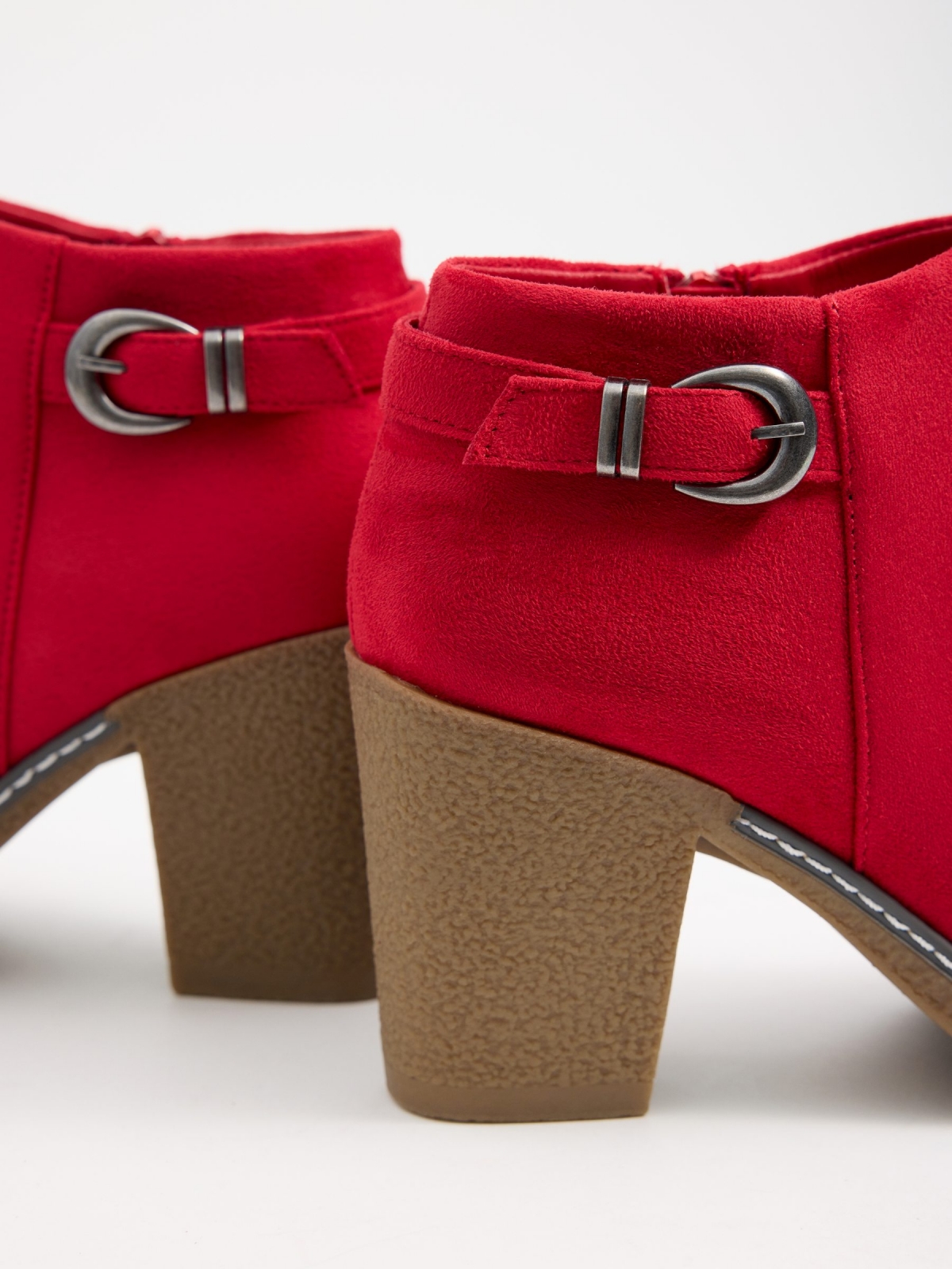 Buckle heel bootie red detail view