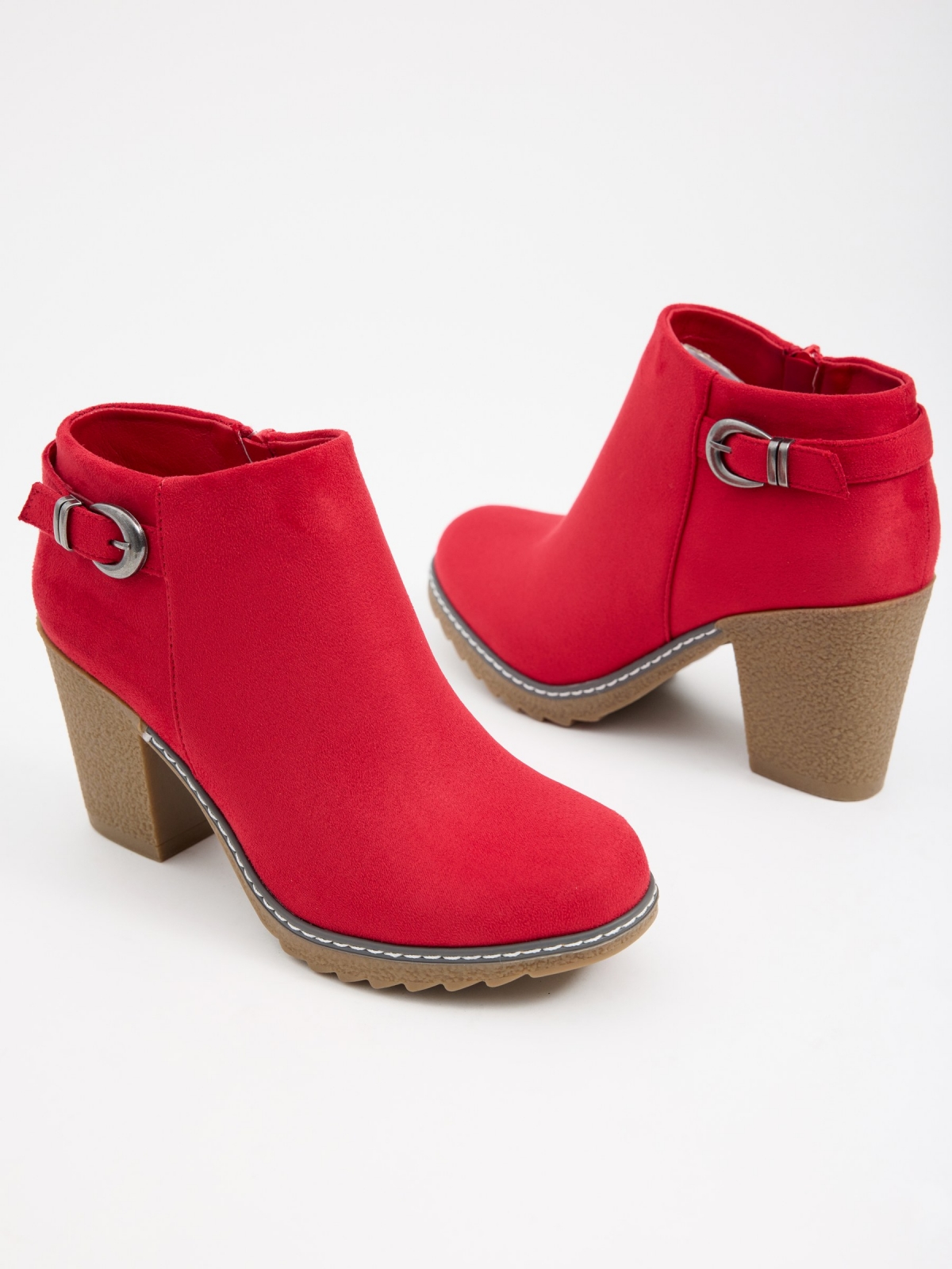 Buckle heel bootie red detail view