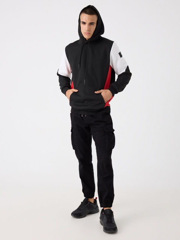 Color block pocket hoodie black front view