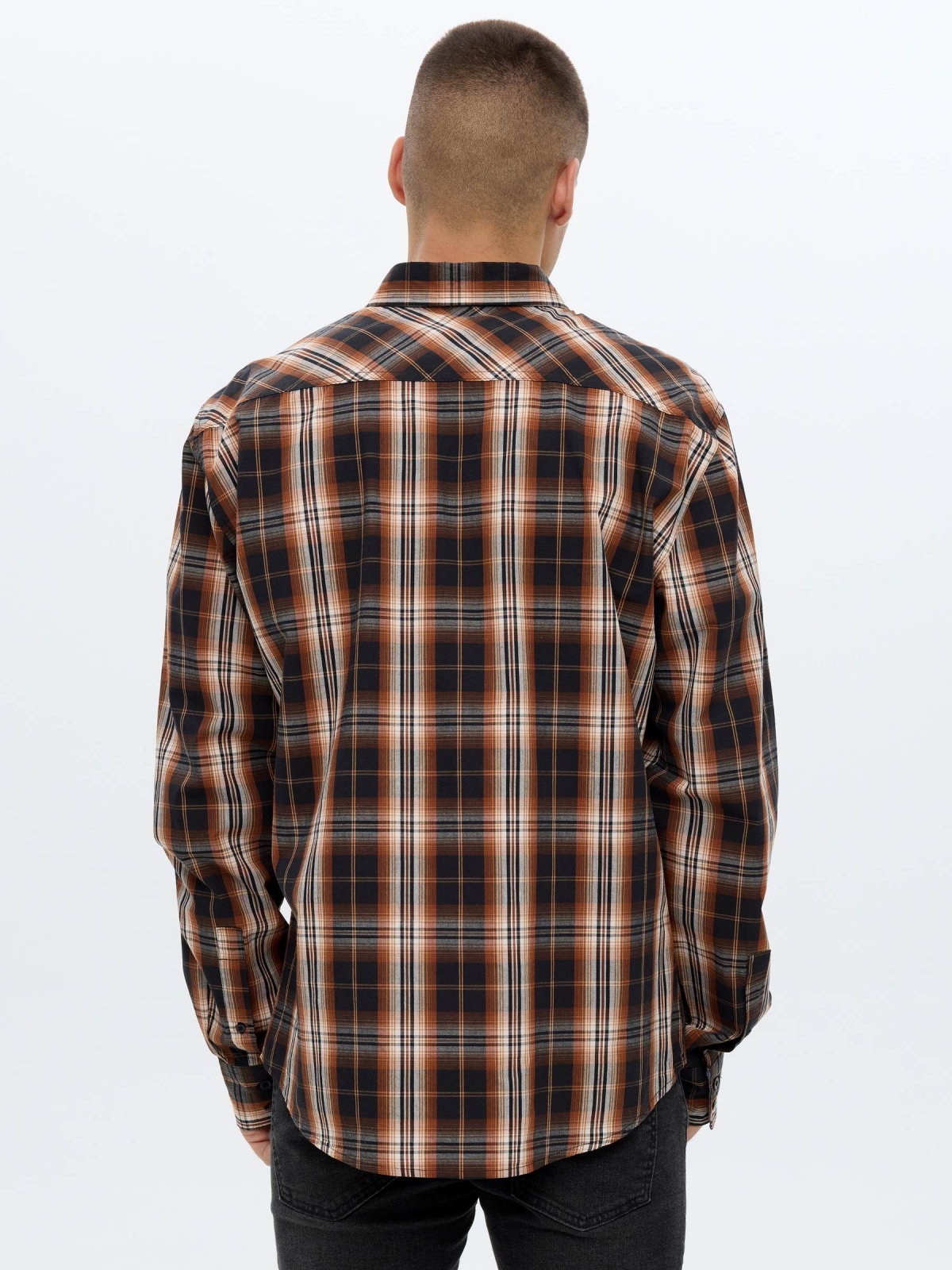 Plaid shirt brown middle back view