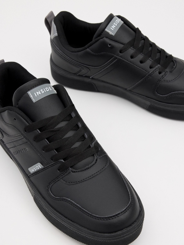 Black leather-effect retro sneaker black detail view