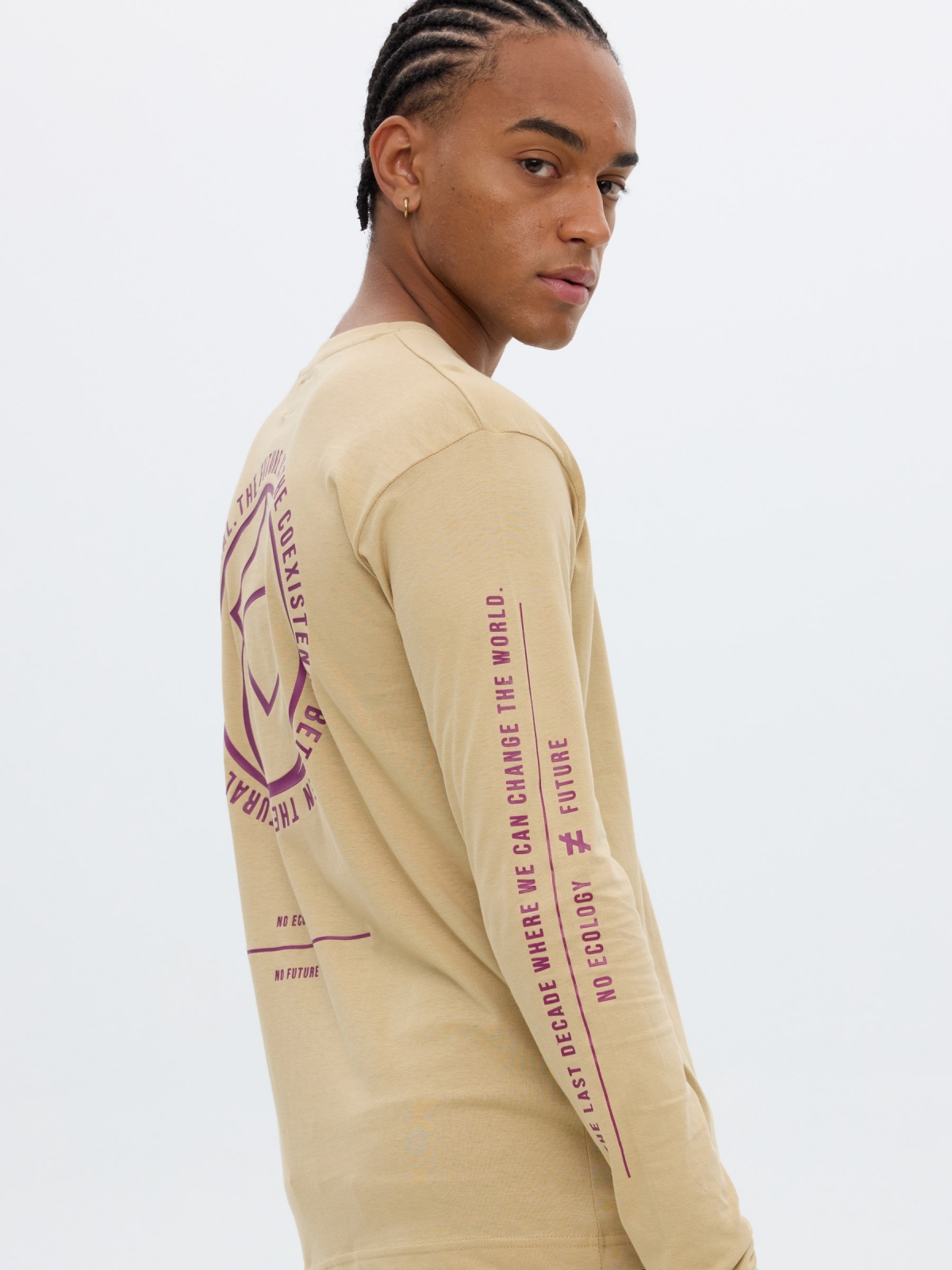 Minimalist printed T-shirt sand detail view