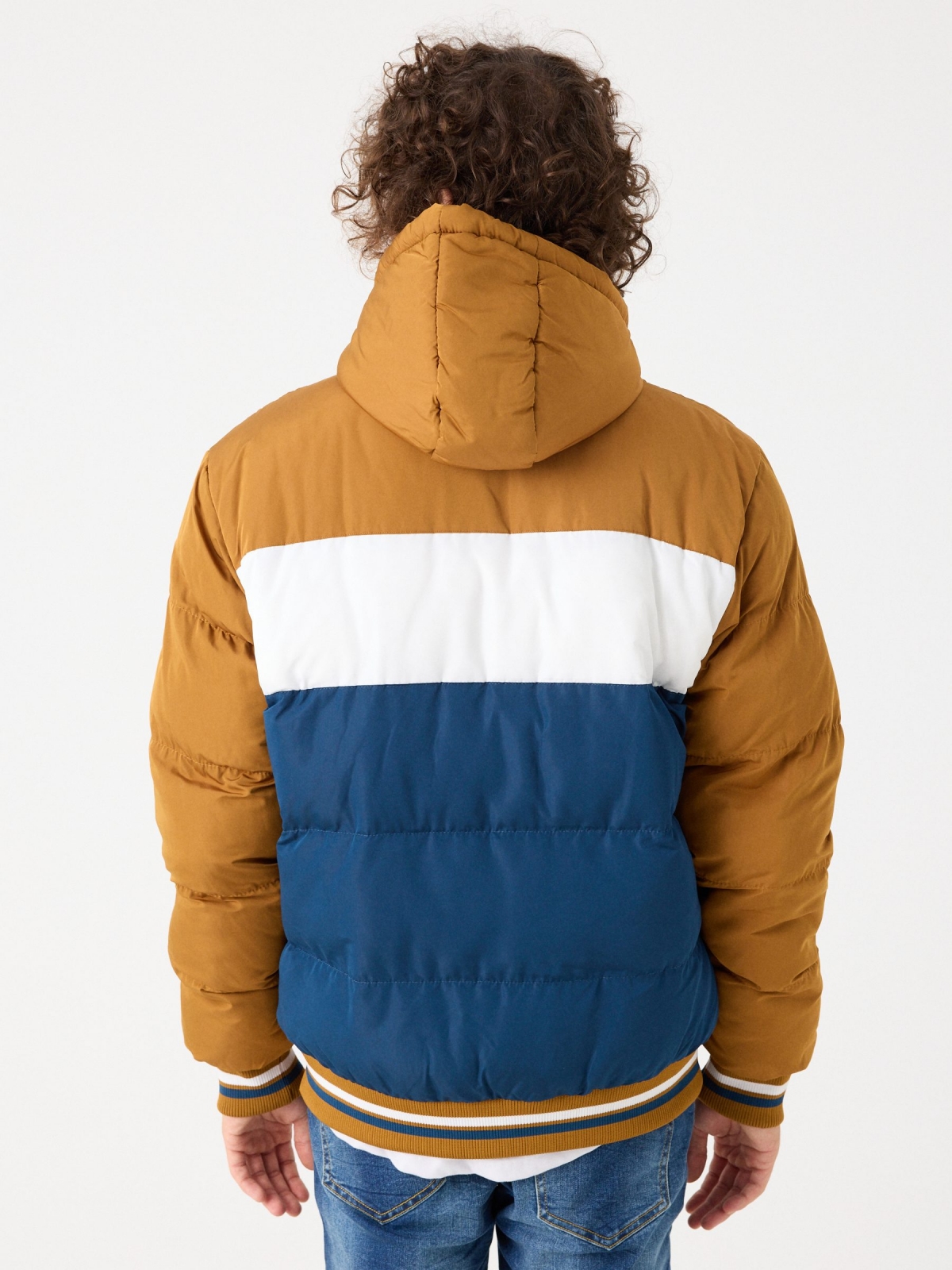 Hooded color block padded jacket ochre middle back view