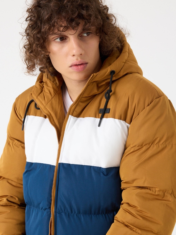 Hooded color block padded jacket ochre detail view