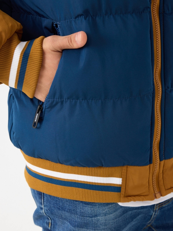 Hooded color block padded jacket ochre detail view