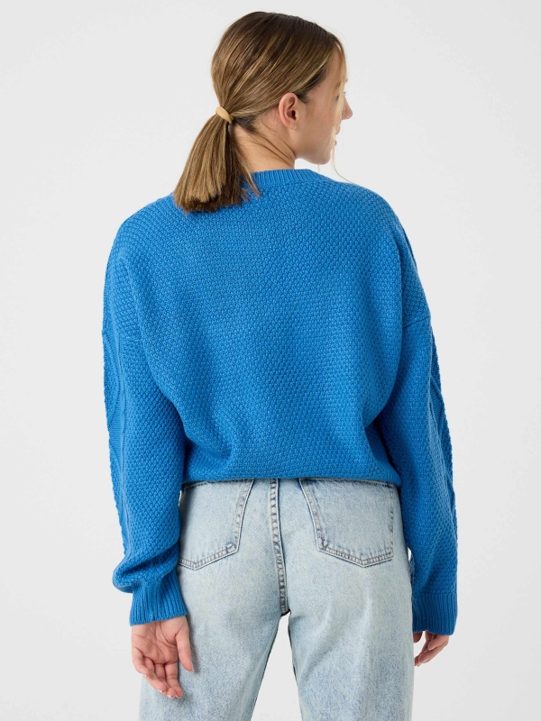 Cable knit sweater blue middle back view