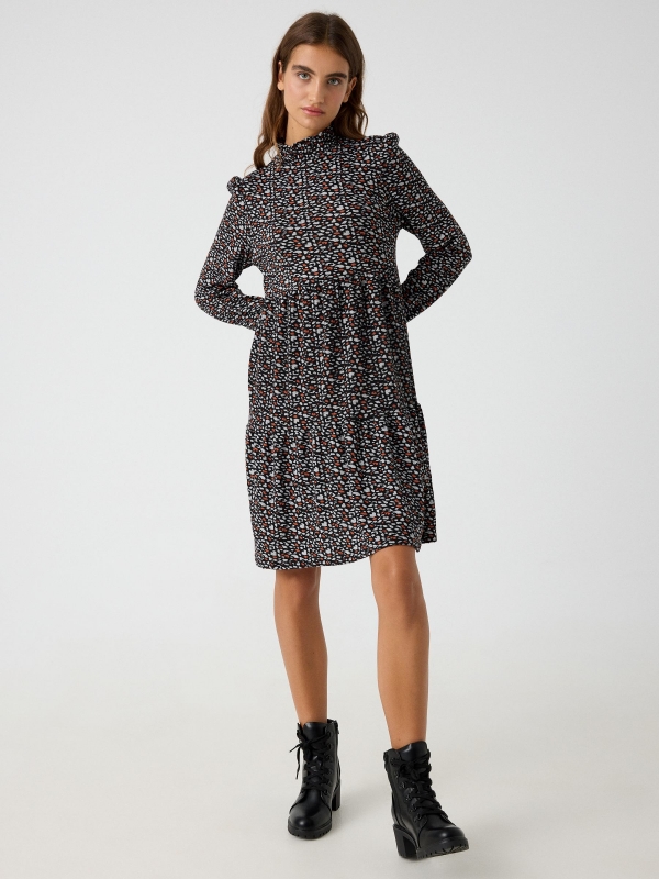 Printed high neck dress black front view