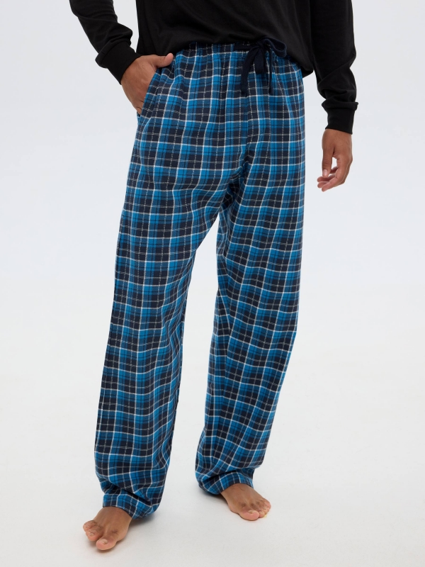 Navy blue pajamas checkered pants black detail view