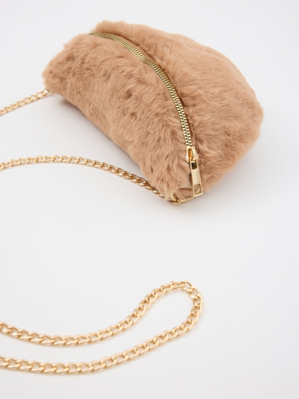 Pink fur handbag brown detail view