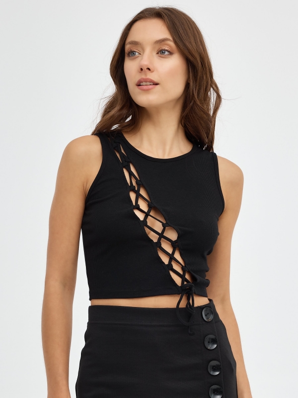 Camiseta Rib Lace Up negro vista media frontal