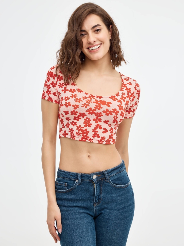 T-shirt Flower Crop Print multicolorido vista meia frontal