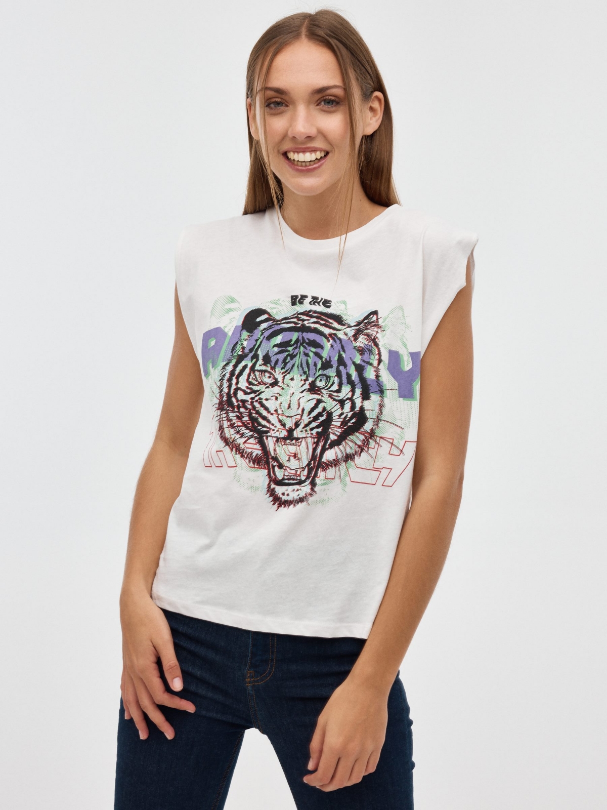 T-shirt de tigre sem mangas off white vista meia frontal