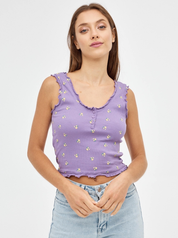 Camiseta Crop Print Rib morado vista media frontal