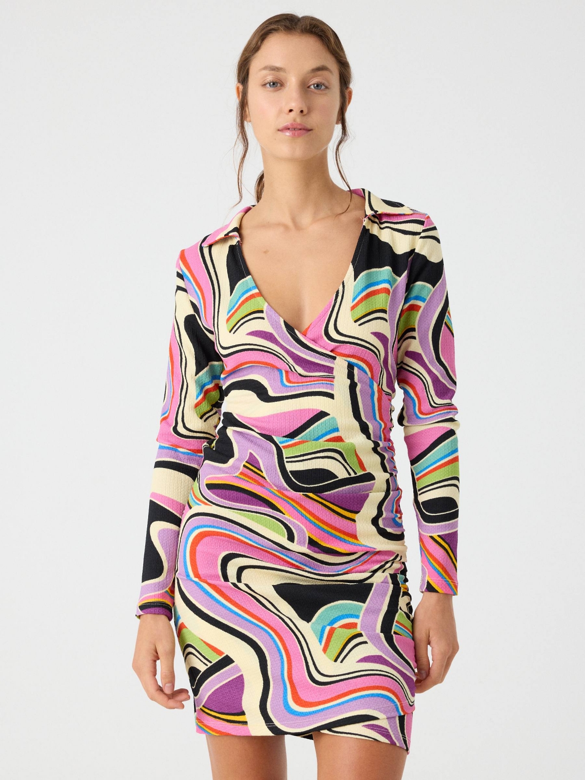 Psychedelic print gather dress multicolor middle front view