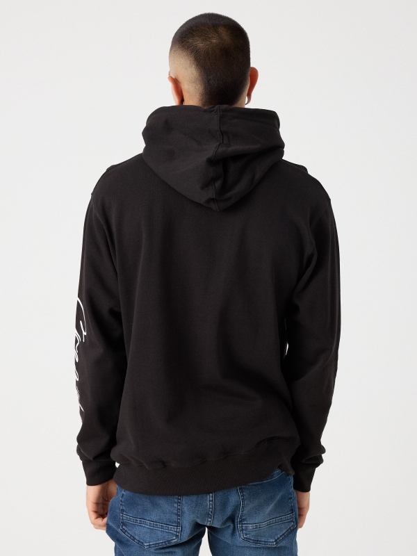 Black printed hoodie black middle back view