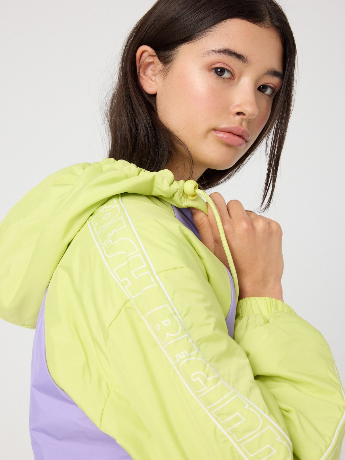 Hooded text padded jacket lilac detail view